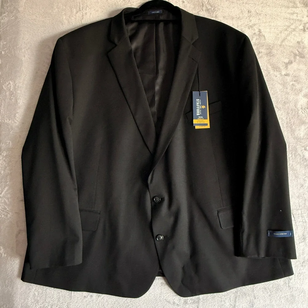Stafford Travel Portly‎ Fit Black Wool Blend Blazer Jacket Men's 56 PRTR